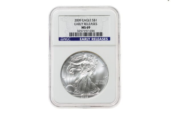 MOEDA ÁGUIA DE PRATA - 2009 AMERICAN SILVER EAGLE MS-69 NGC • EARLY RELEASE