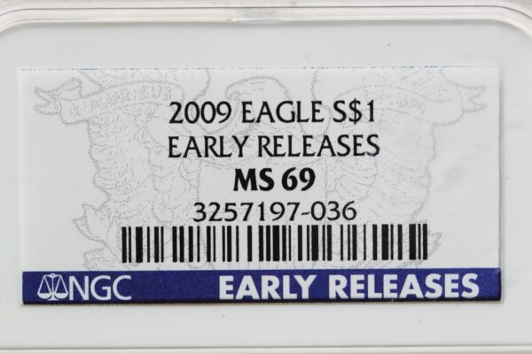 MOEDA ÁGUIA DE PRATA - 2009 AMERICAN SILVER EAGLE MS-69 NGC • EARLY RELEASE - Imagem 7