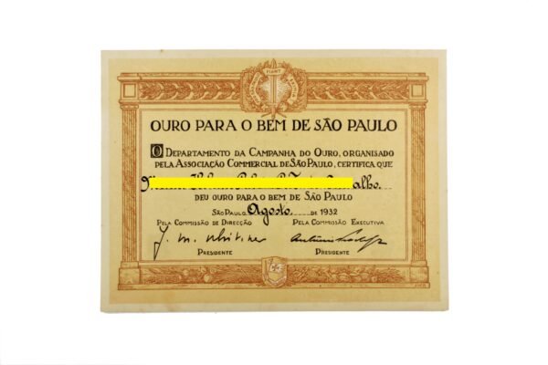 DIPLOMA DA CAMPANHA DO OURO – REVOLUÇÃO DE 1932