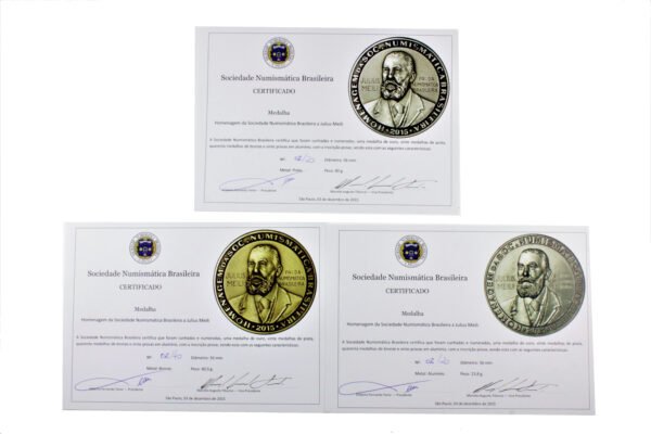 CONJUNTO DE 3 MEDALHAS HOMENAGEM DA SOCIEDADE NUMISMÁTICA BRASILEIRA A JULIUS MEILI - Imagem 12