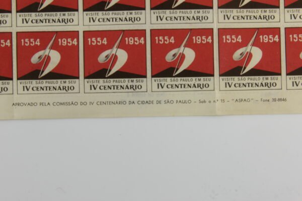 FOLHA COMPLETA DE SELOS / ETIQUETAS DO IVº CENTENÁRIO DA CIDADE DE SÃO PAULO – 1954 - Imagem 6