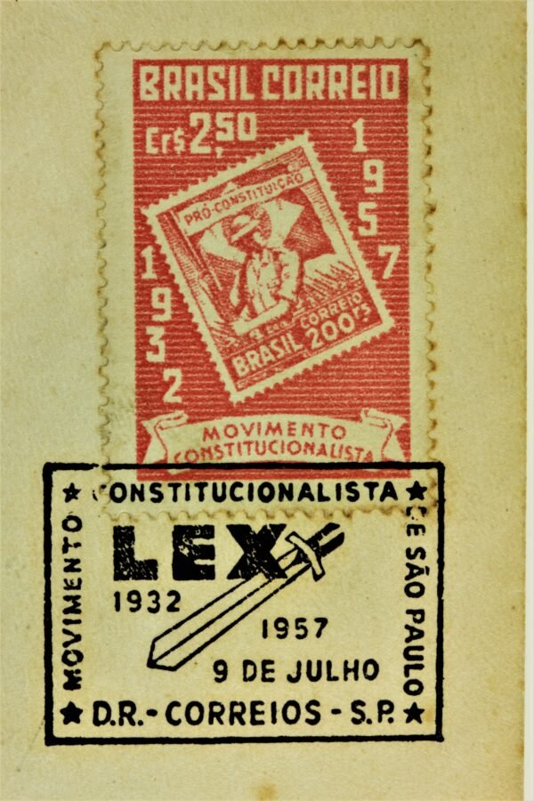 ENVELOPE E CARTÃO C/ SELO E FLÂMULA FILATÉLICA DO JUBILEU DE PRATA DA REVOLUÇAÕ DE 1932 - Imagem 5