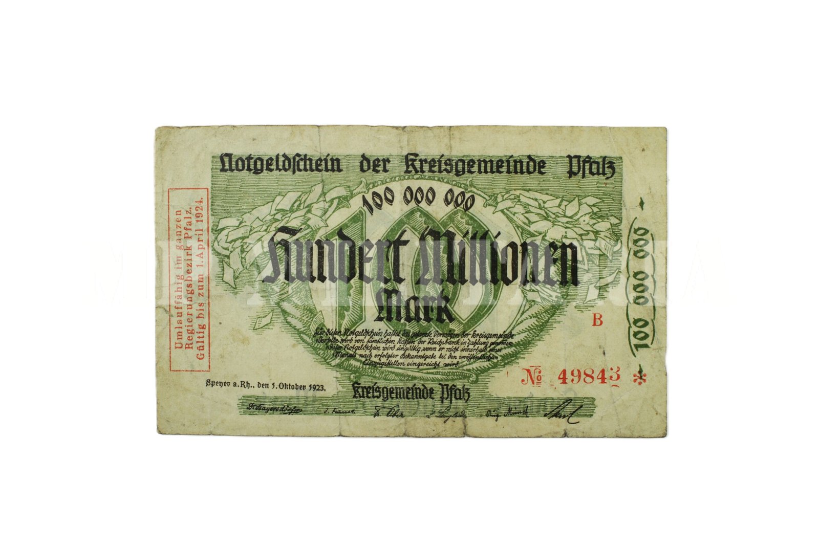 CÉDULA DE NOTGELD 100.000.000 DE MARCOS ∙ PFALZ – 1923