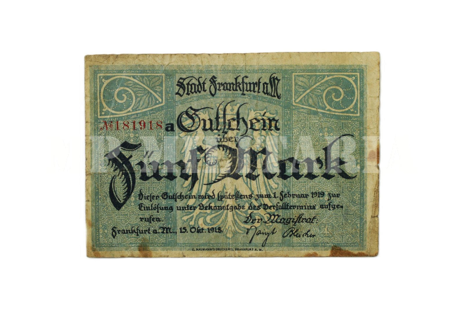 CÉDULA DE 5 DE MARCOS • FRANKFURT • 1918 – I GUERRA