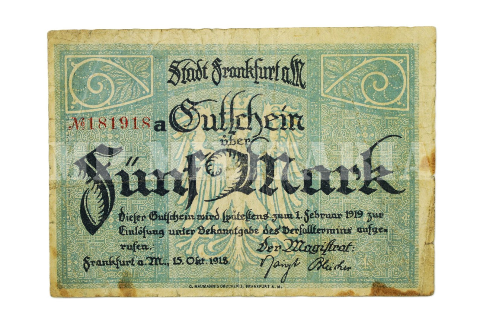 CÉDULA DE 5 DE MARCOS • FRANKFURT • 1918 – I GUERRA - Imagem 2