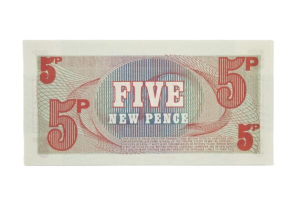 CÉDULA DE 5 NEW PENCE DAS FORÇAS ARMADAS BRITÂNICAS - Imagem 3