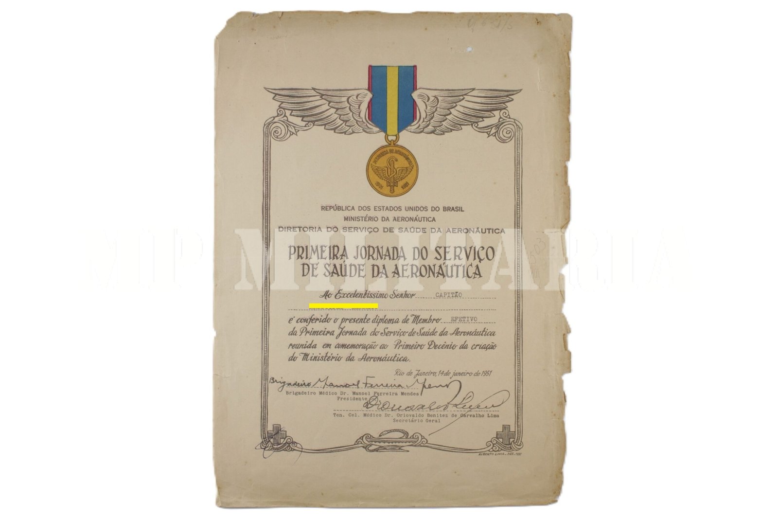 DIPLOMA DA MEDALHA DA I JORNADA DO SERVIÇO DE SAÚDE DA AERONÁUTICA – 1951