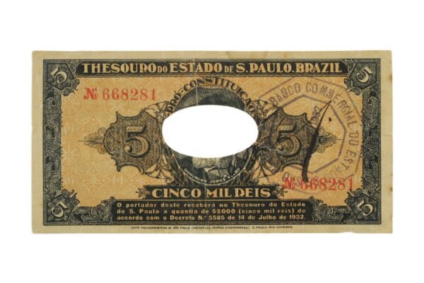 CÉDULA PAULISTA DE 5 MIL RÉIS DA REVOLUÇÃO DE 1932 – 1ª ESTAMPA ∙ RESGATADA - Imagem 2