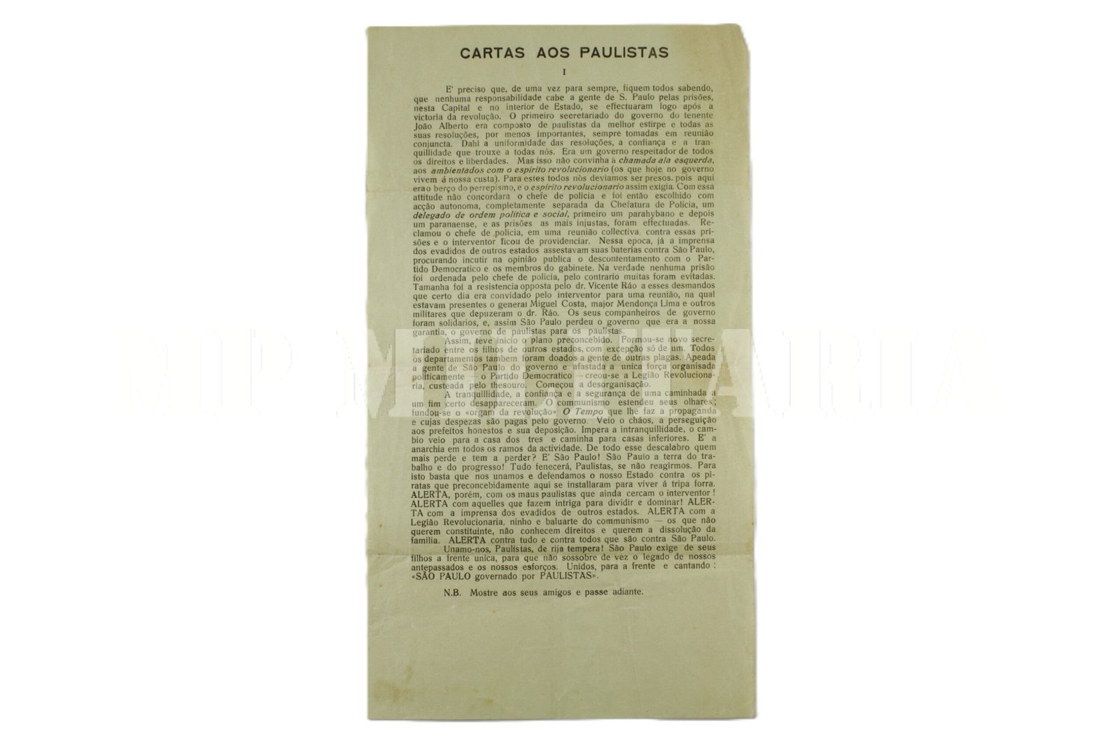 ENCARTE INFORMATIVO “CARTAS AOS PAULISTAS” –REVOLUÇÃO DE 1932