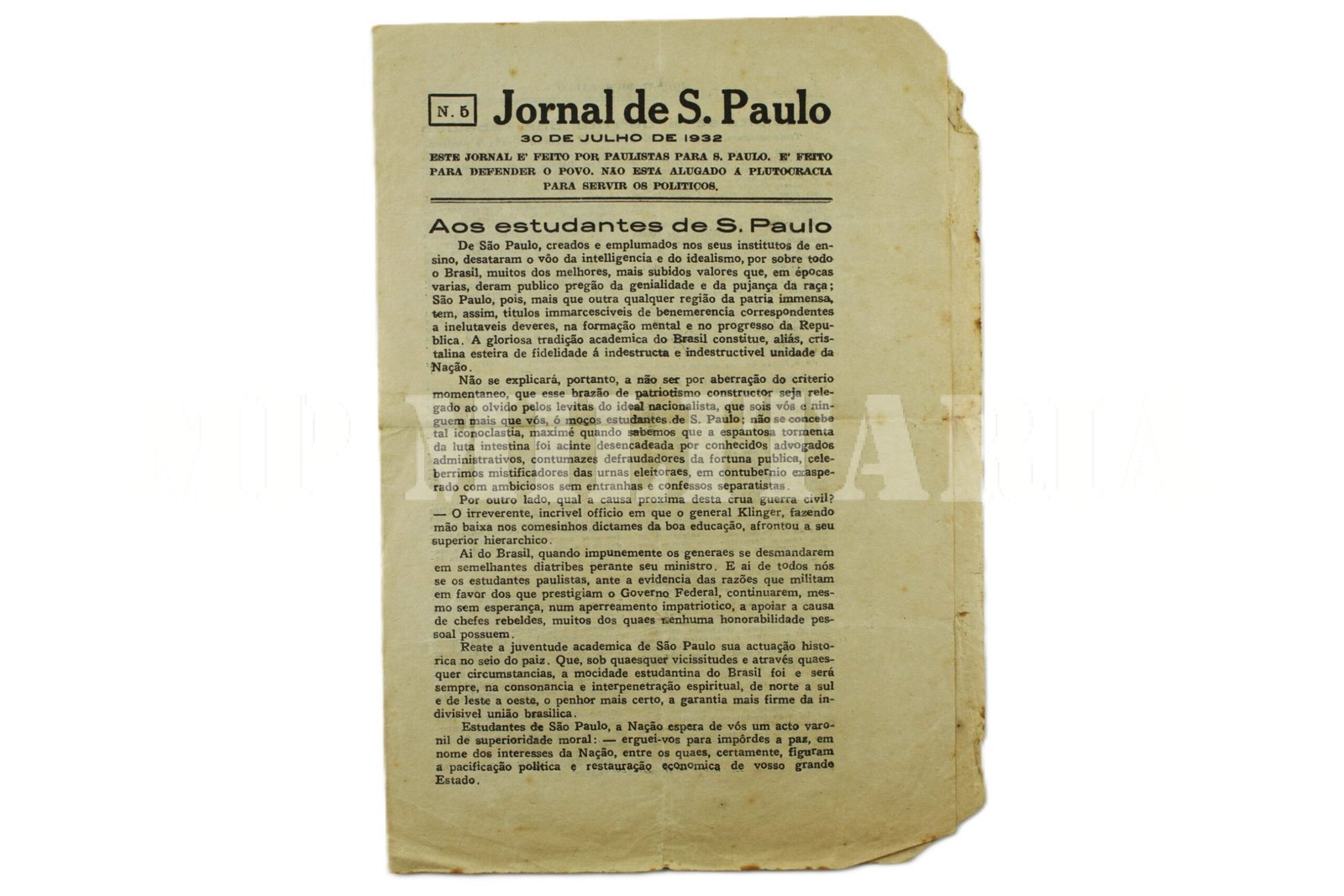 JORNAL DE SÃO PAULO DE CONTRAINFORMAÇÃO DO GOVERNO FEDERAL - REVOLUÇÃO DE 1932