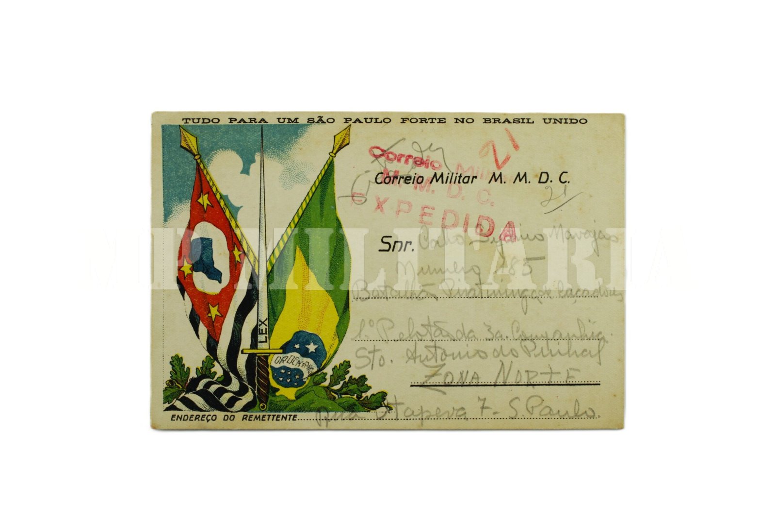CARTÃO POSTAL DO CORREIO MILITAR • ESPADAS E BANDEIRAS – REVOLUÇÃO DE 1932
