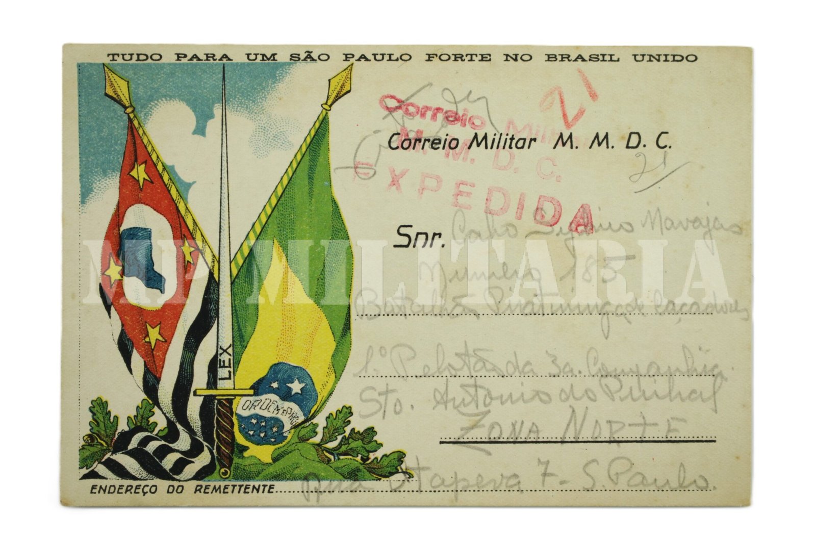 CARTÃO POSTAL DO CORREIO MILITAR • ESPADAS E BANDEIRAS – REVOLUÇÃO DE 1932 - Imagem 2