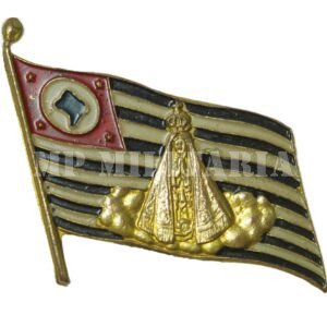 RARO PIN BANDEIRA PAULISTA COM NOSSA SENHORA APARECIDA • MAPA DO BRASIL • DOURADO – REVOLUÇÃO DE 1932