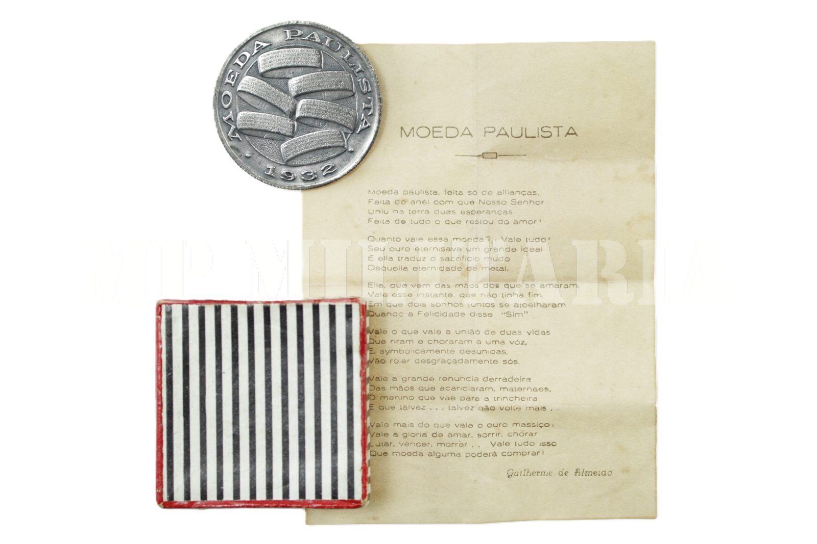 RARO BADGE DA MOEDA PAULISTA NA CAIXA E COM O POEMA – REVOLUÇÃO DE 32