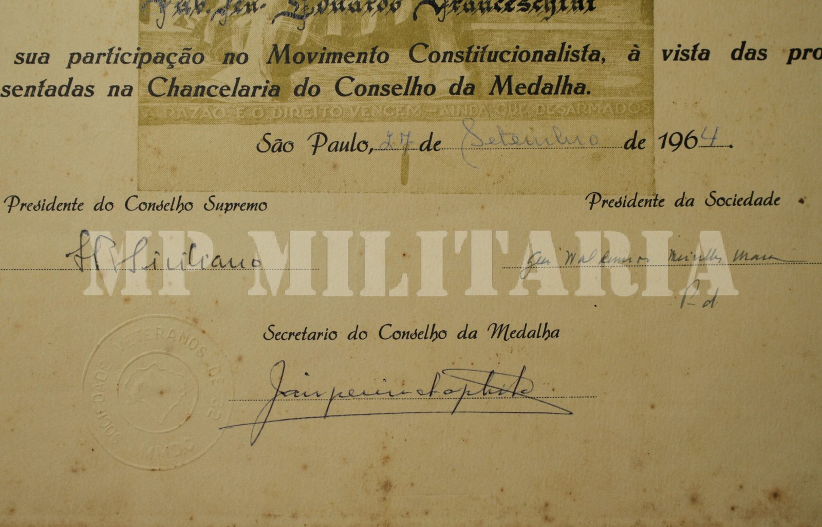 DIPLOMA DA MEDALHA MMDC • VETERANO – REVOLUÇÃO DE 1932 - Imagem 5