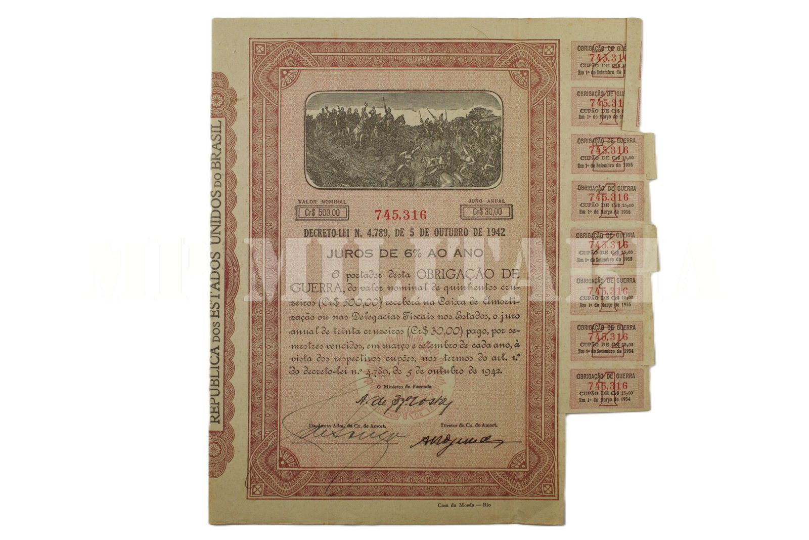 OBRIGAÇÃO DE GUERRA BRASILEIRO DE CR$500,00 – 1942 – II GUERRA