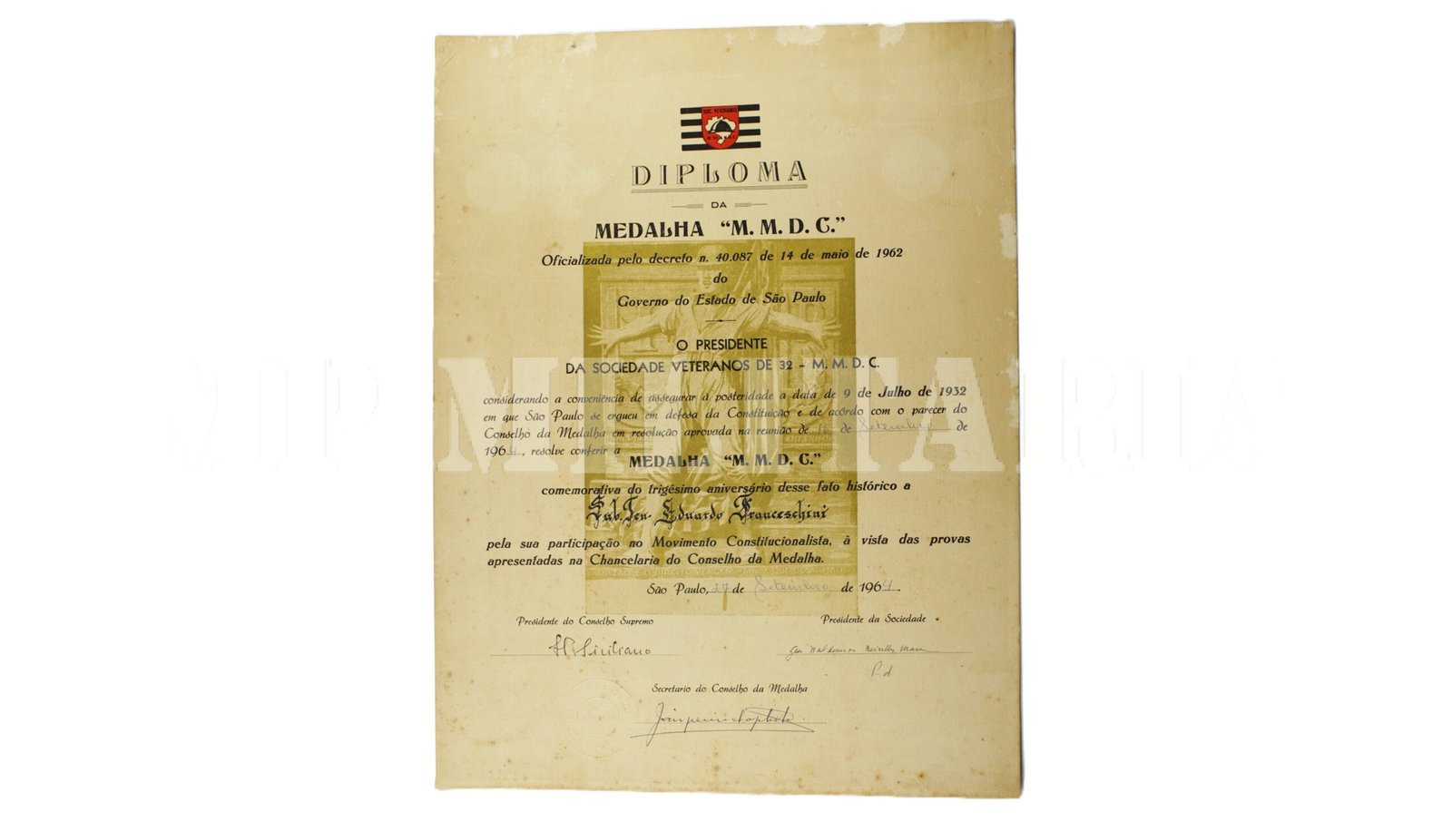 DIPLOMA DA MEDALHA MMDC • VETERANO – REVOLUÇÃO DE 1932