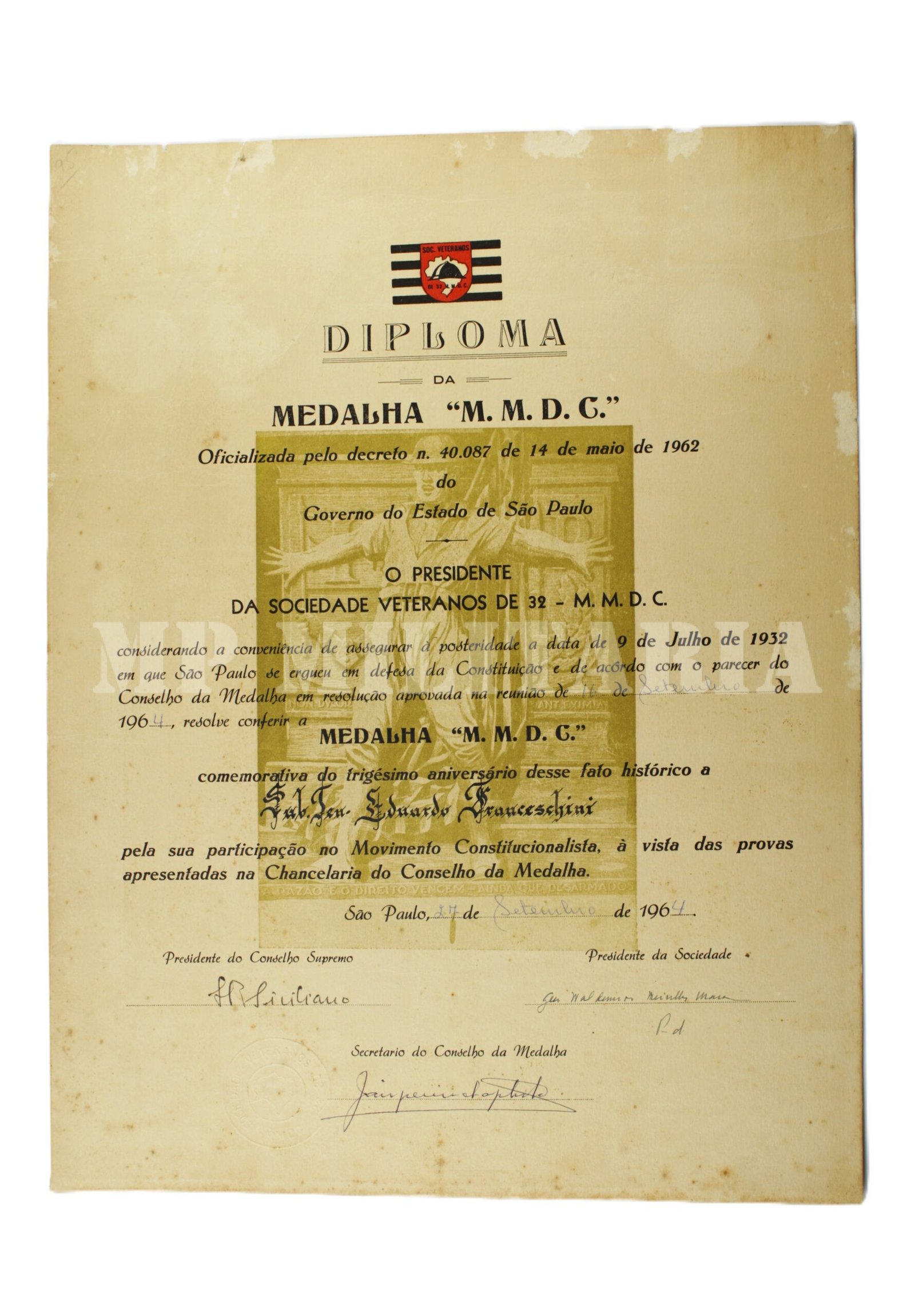 DIPLOMA DA MEDALHA MMDC • VETERANO – REVOLUÇÃO DE 1932 - Imagem 2
