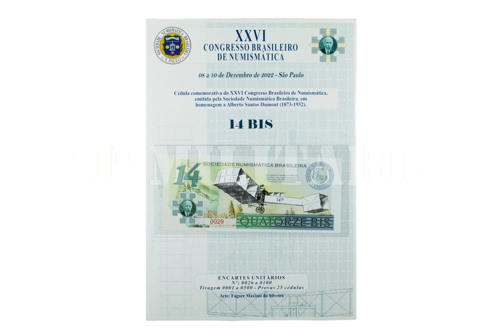 ENCARTE INDIVIDUAL COM A CÉDULA COMEMORATIVA HOMENAGEM A SANTOS DUMONT – SNB 2022