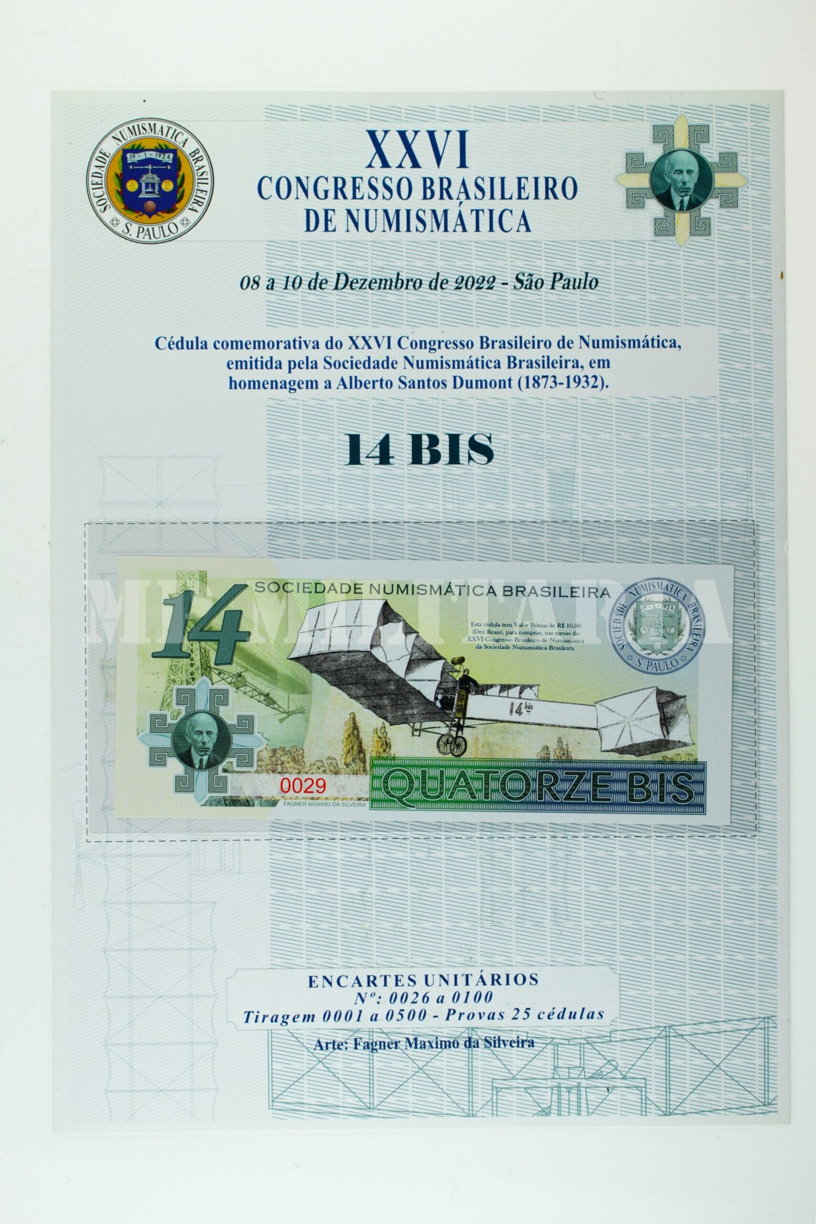 ENCARTE INDIVIDUAL COM A CÉDULA COMEMORATIVA HOMENAGEM A SANTOS DUMONT – SNB 2022 - Imagem 2