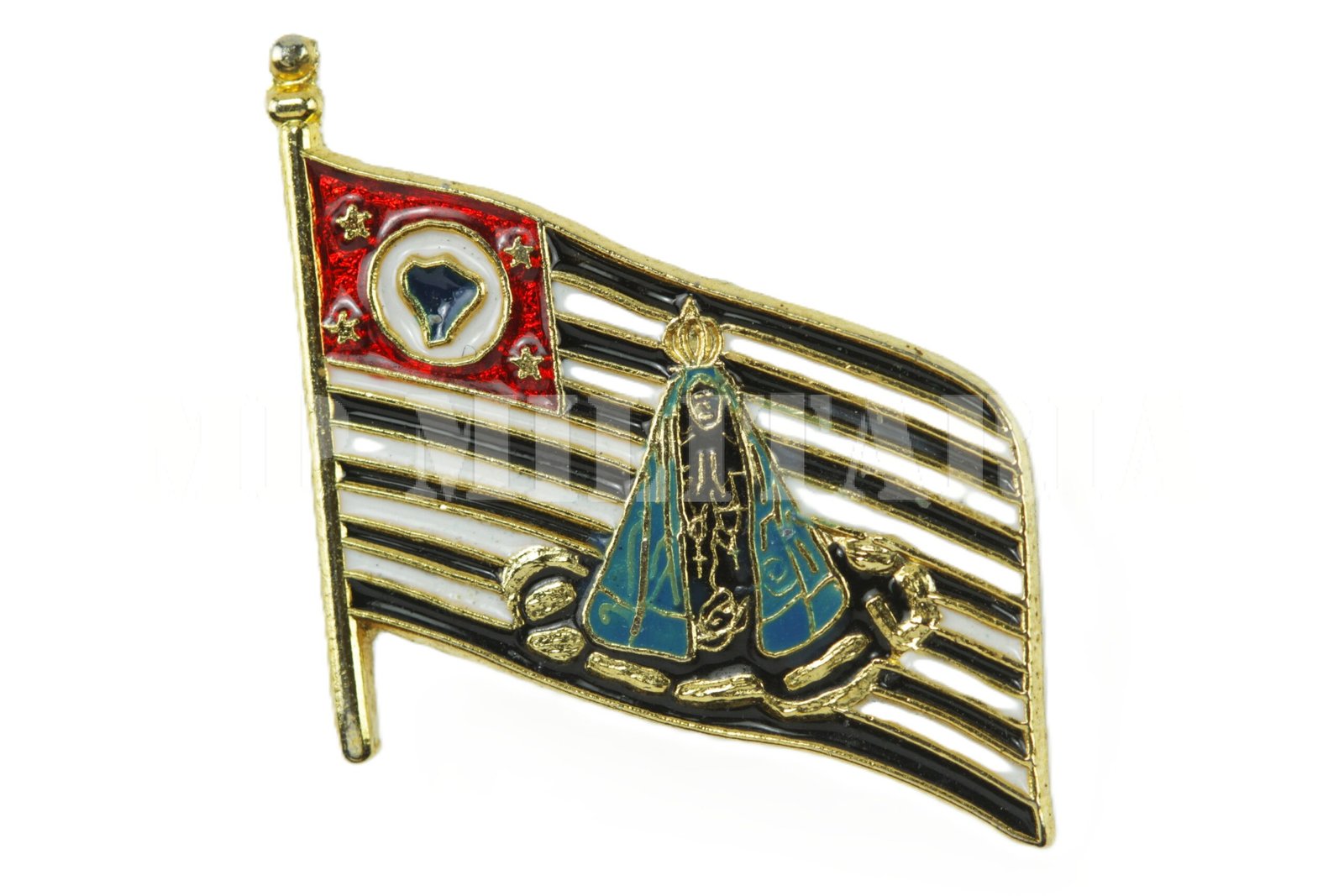 RARO PIN BANDEIRA PAULISTA COM NOSSA SENHORA APARECIDA • COMEMORATIVO – REVOLUÇÃO DE 1932