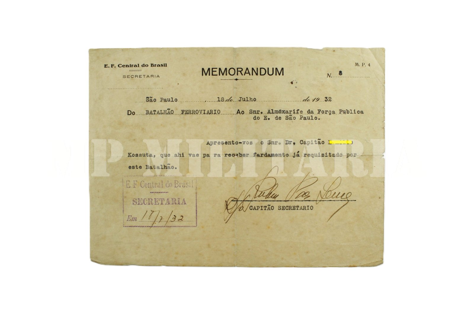 DOCUMENTO MEMORANDUM DO BATALHÃO FERROVIÁRIO – REVOLUÇÃO DE 1932