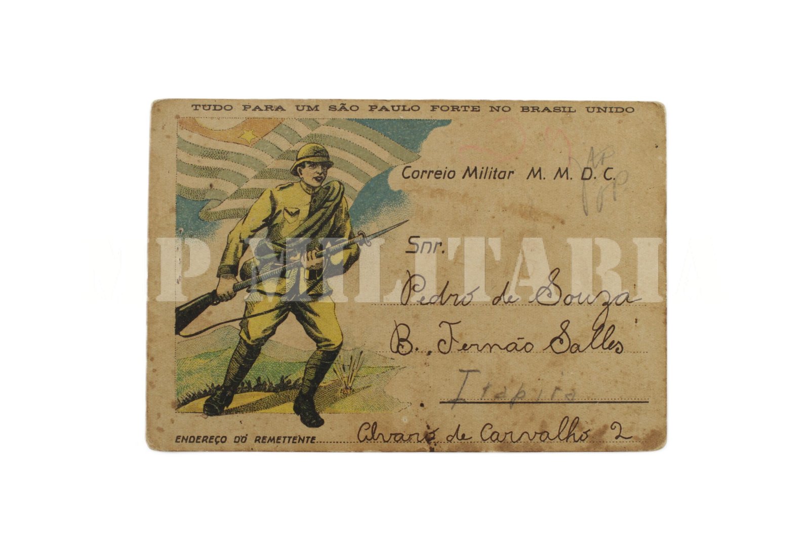 CARTÃO POSTAL DO CORREIO MILITAR VOLUNTÁRIO • COLORIDO • CIRCULADO – REVOLUÇÃO DE 1932