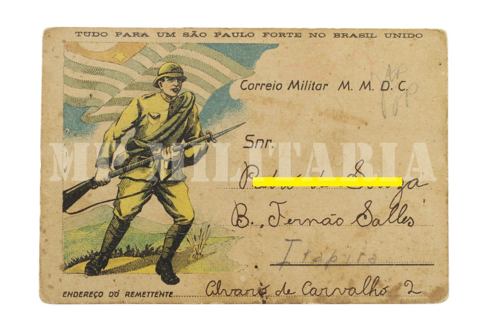 CARTÃO POSTAL DO CORREIO MILITAR VOLUNTÁRIO • COLORIDO • CIRCULADO – REVOLUÇÃO DE 1932 - Imagem 2