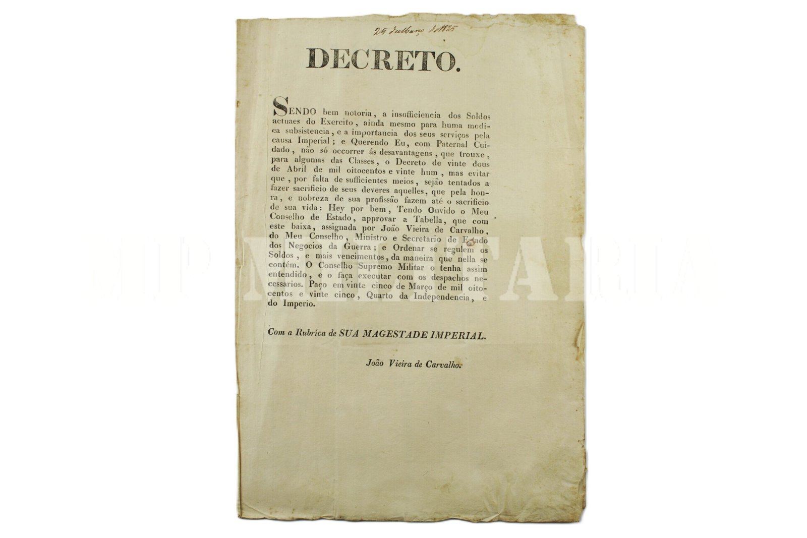 DECRETO DE DOM PEDRO I • REGULAÇÃO DE SOLDOS DOS MILITARES – ANO 1825