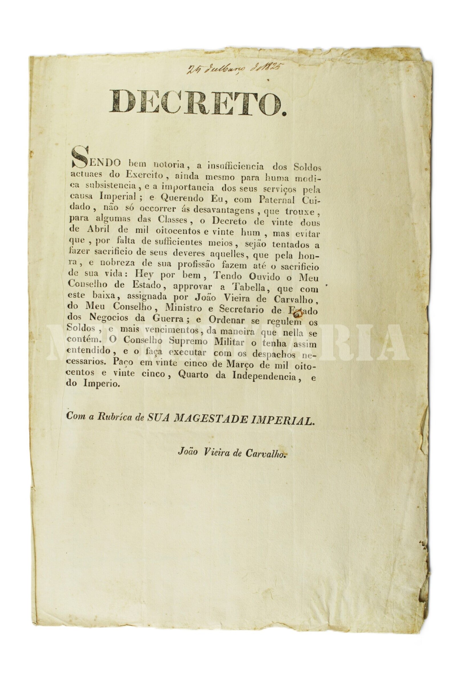 DECRETO DE DOM PEDRO I • REGULAÇÃO DE SOLDOS DOS MILITARES – ANO 1825 - Imagem 2