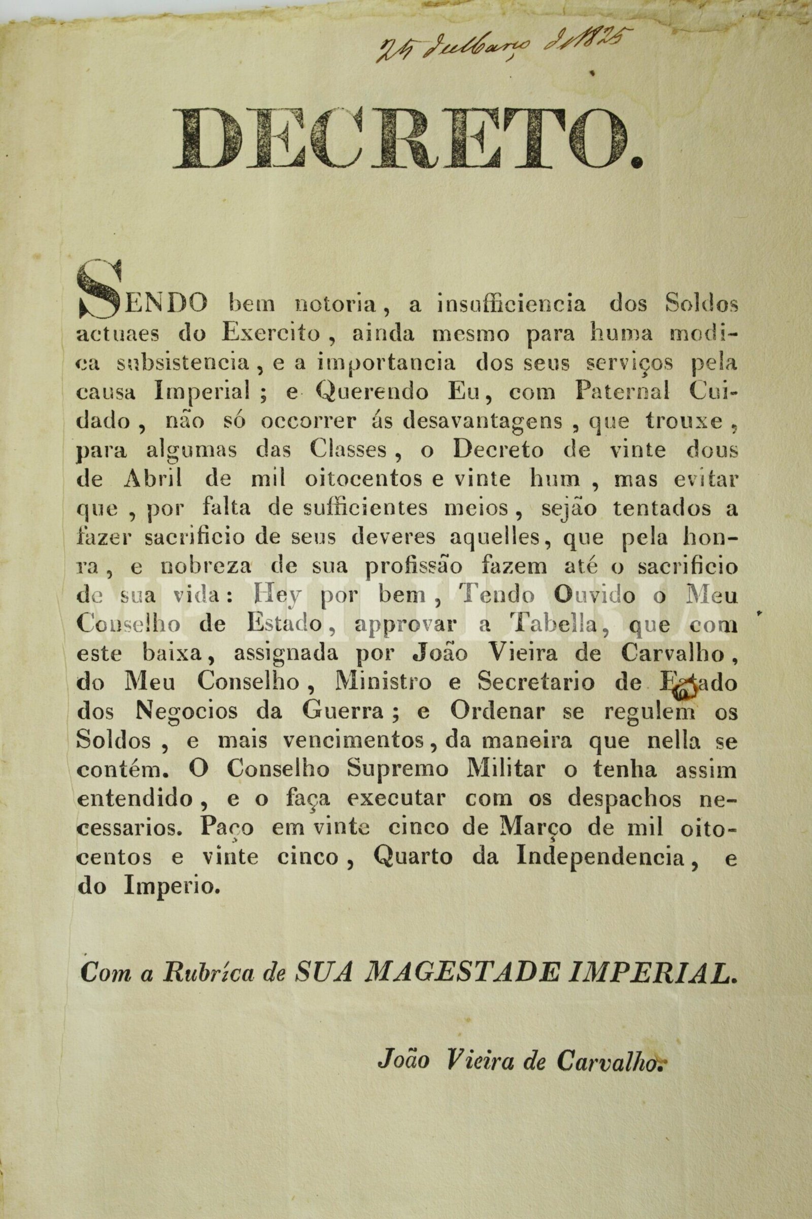 DECRETO DE DOM PEDRO I • REGULAÇÃO DE SOLDOS DOS MILITARES – ANO 1825 - Imagem 3
