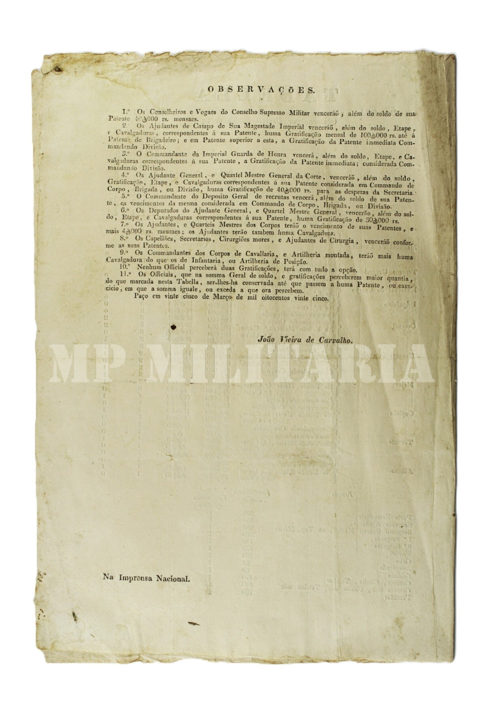 DECRETO DE DOM PEDRO I • REGULAÇÃO DE SOLDOS DOS MILITARES – ANO 1825 - Imagem 5