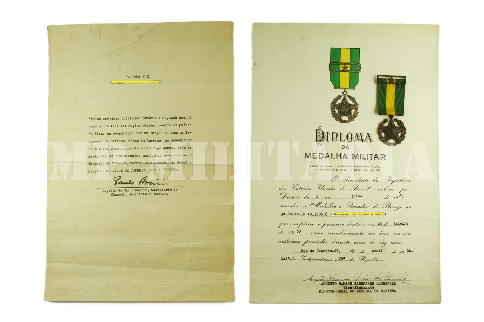 LOTE DE DOCUMETOS DAS MEDALHAS SERVIÇOS DE GUERRA DA MARINHA E MEDALHA MILITAR, COM MEDALHA - Imagem 2
