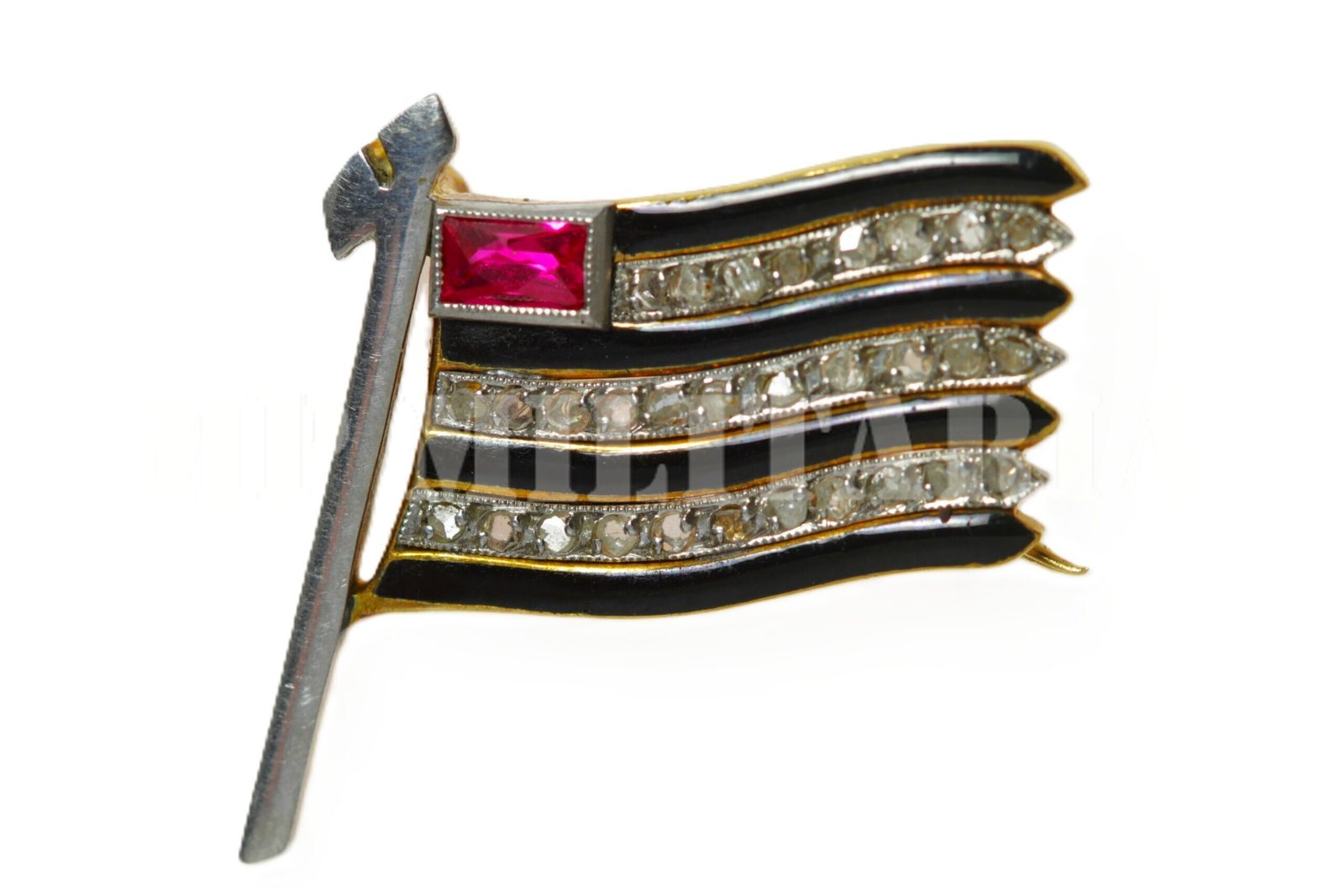 RARO BROCHE / DISTINTIVO FLÂMULA PAULISTA SETE LISTAS, DE OURO E PEDRAS – REVOLUÇÃO DE 1932