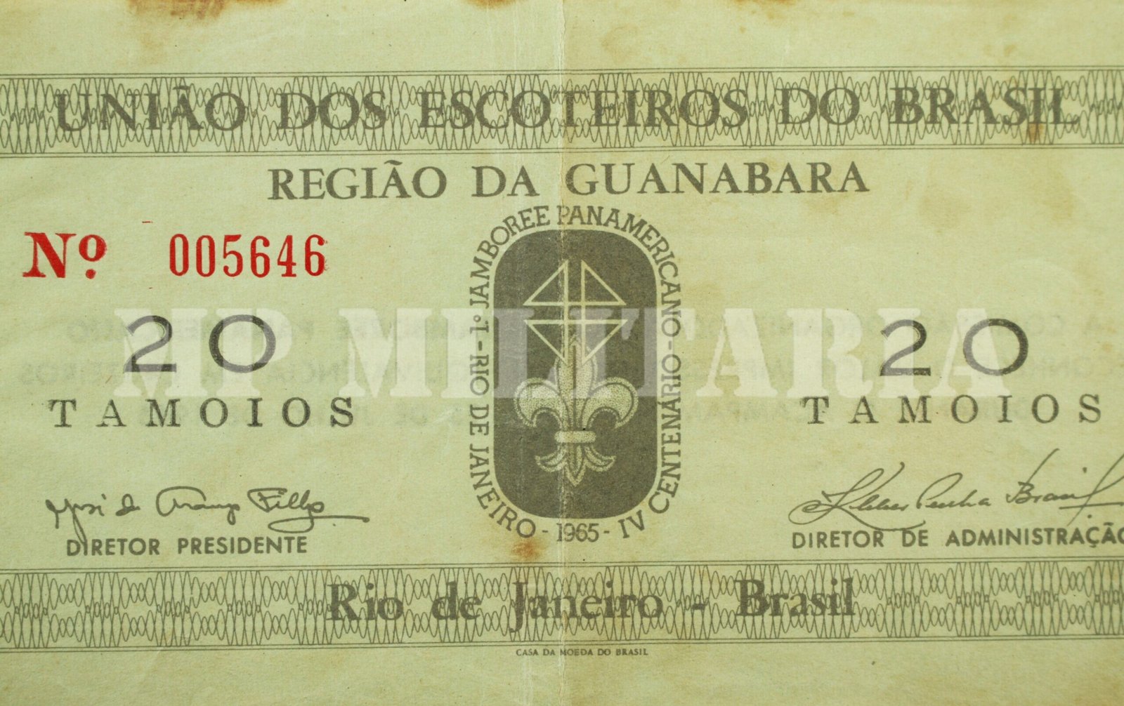 CÉDULA DOS ESCOTEIROS DO BRASIL, 20 TAMOIOS • REGIÃO DA GUANABARA – 1965 - Imagem 4
