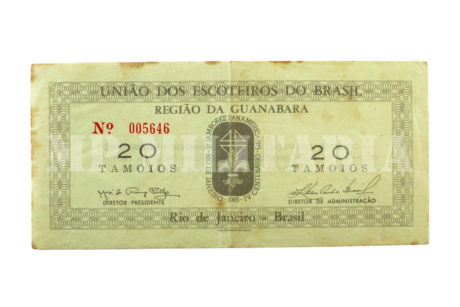 CÉDULA DOS ESCOTEIROS DO BRASIL, 20 TAMOIOS • REGIÃO DA GUANABARA – 1965 - Imagem 2