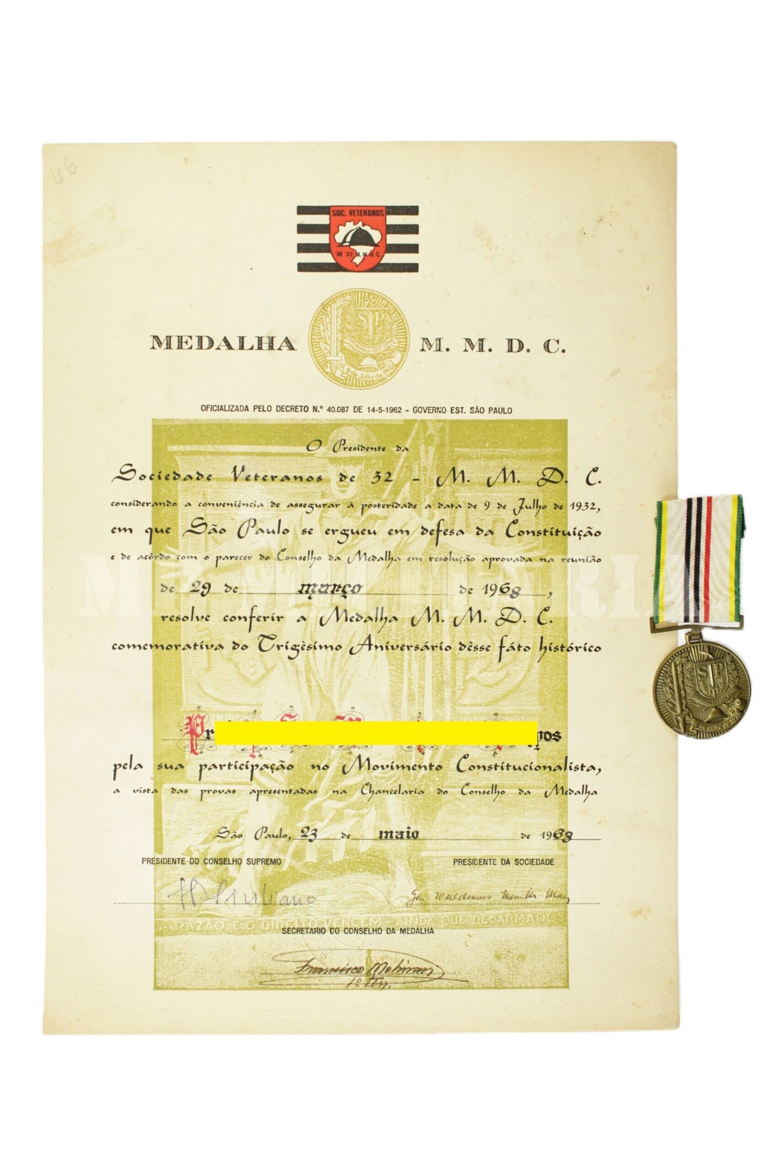DOCUMENTO COM A MEDALHA MMDC DE 30 ANOS DA REVOLUÇÃO DE 1932 - Imagem 2