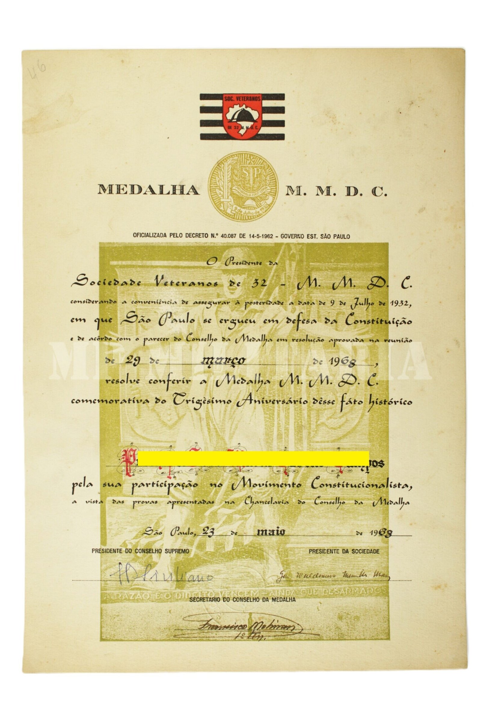 DOCUMENTO COM A MEDALHA MMDC DE 30 ANOS DA REVOLUÇÃO DE 1932 - Imagem 3