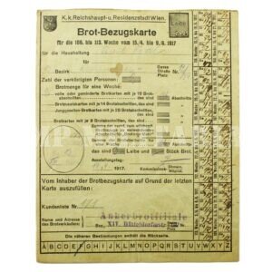 CARTÃO DE RACIONAMENTO DE PÃO – BROT-BEZUNGSKARTE 1917 • ÁUSTRIA – I GUERRA