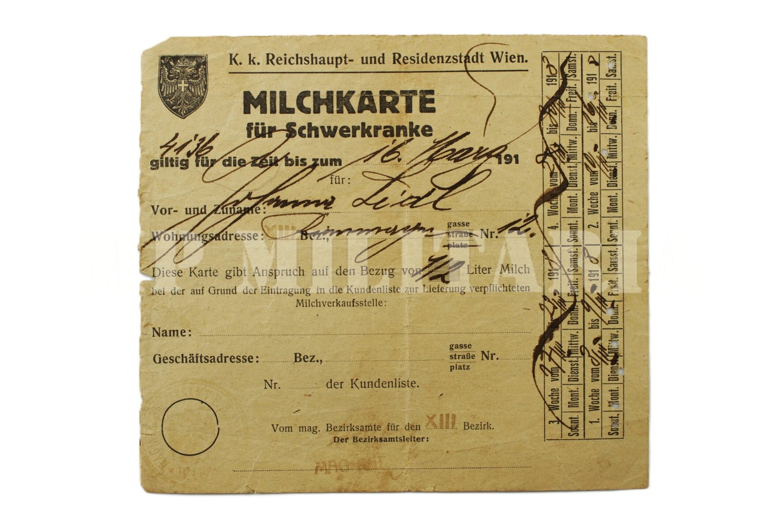 CARTÃO DE RACIONAMENTO DE LEITE – MILCHKARTE • ÁUSTRIA – I GUERRA