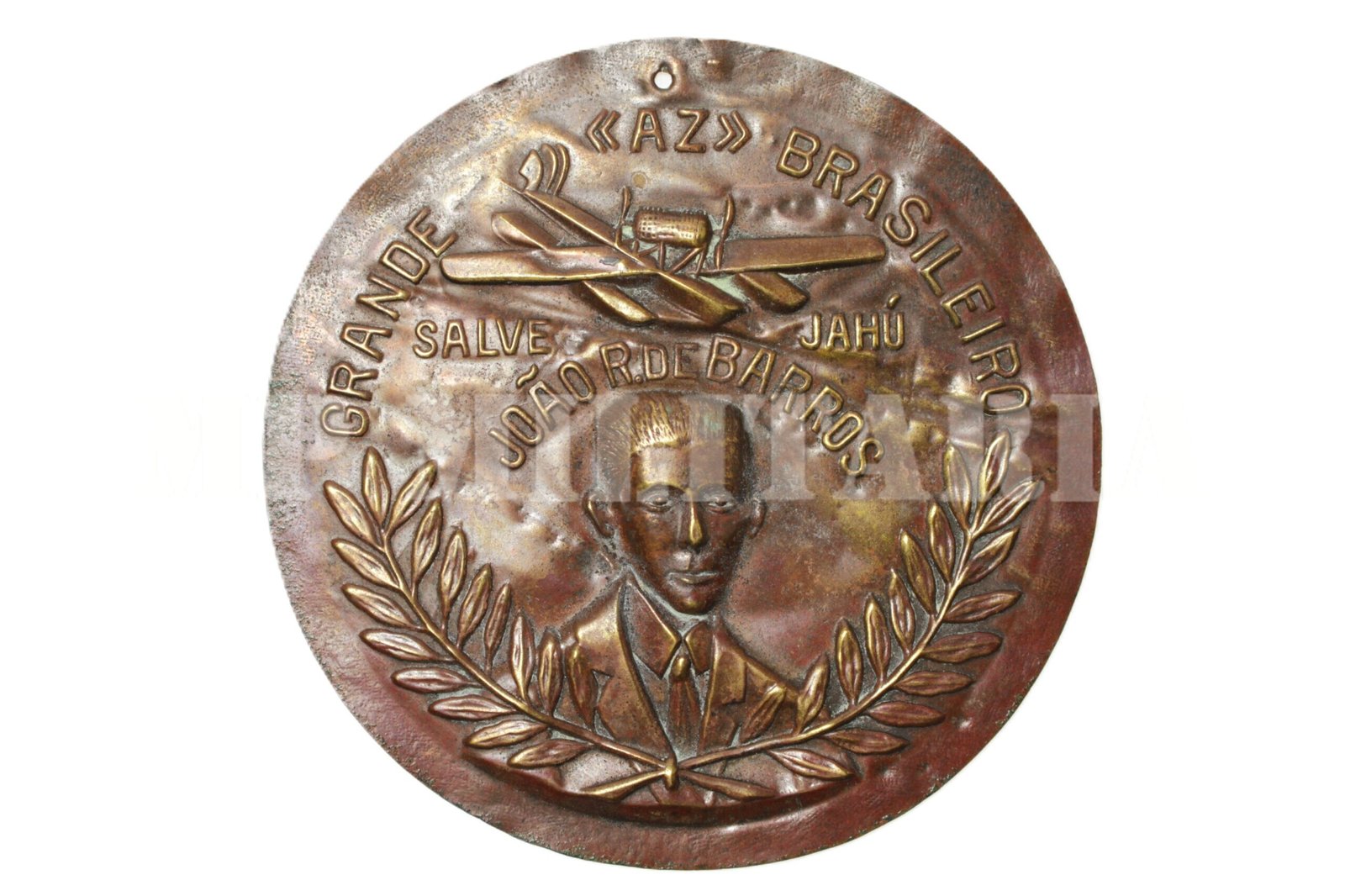 RARA PLACA/MEDALHA HOMENAGEM A JOÃO RIBEIRO DE BARROS DO AVIÃO JAHÚ – ANOS 20