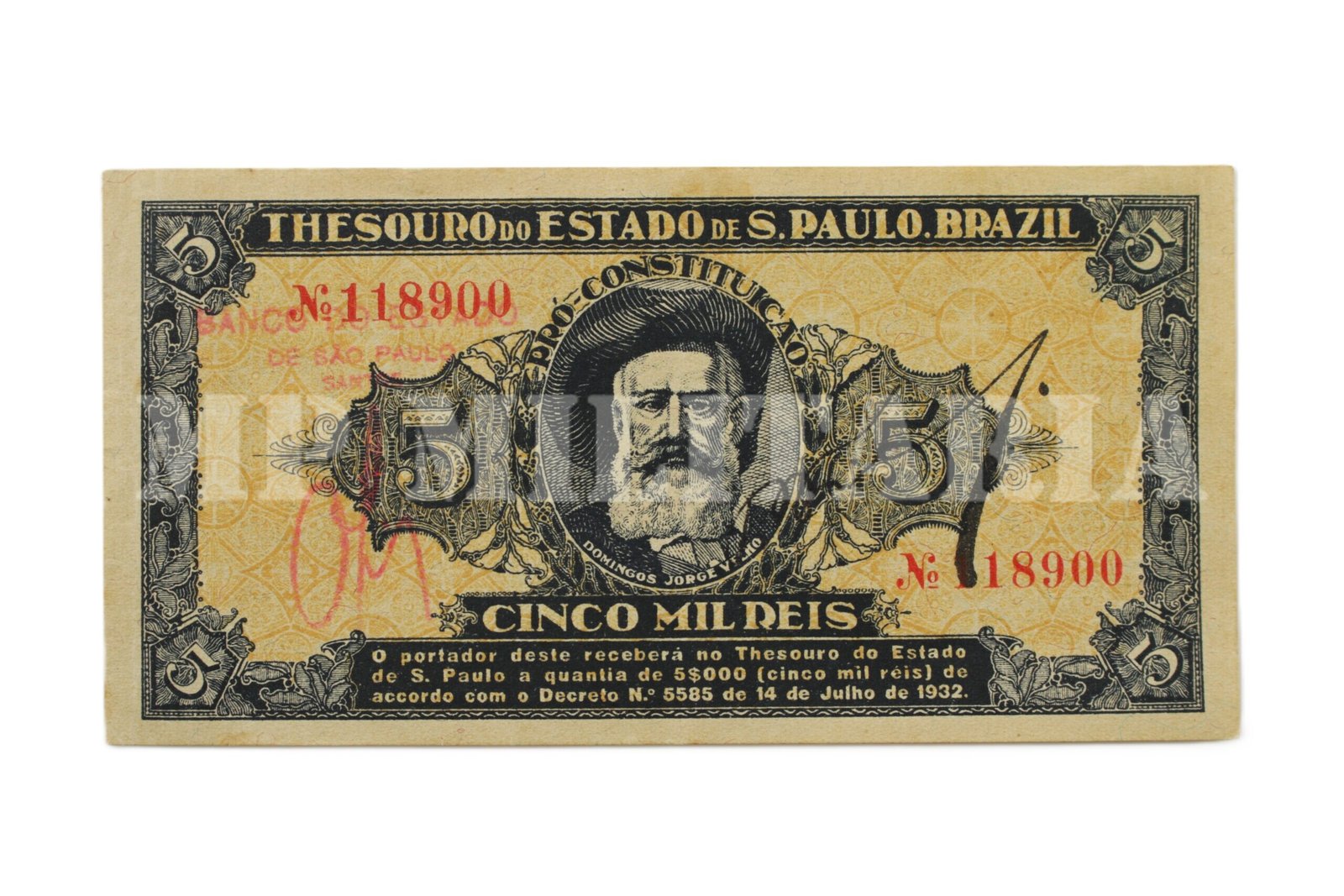 CÉDULA PAULISTA DE 5 MIL RÉIS DA REVOLUÇÃO DE 1932 – 1ª ESTAMPA – CANCELADA EM SANTOS - Imagem 2