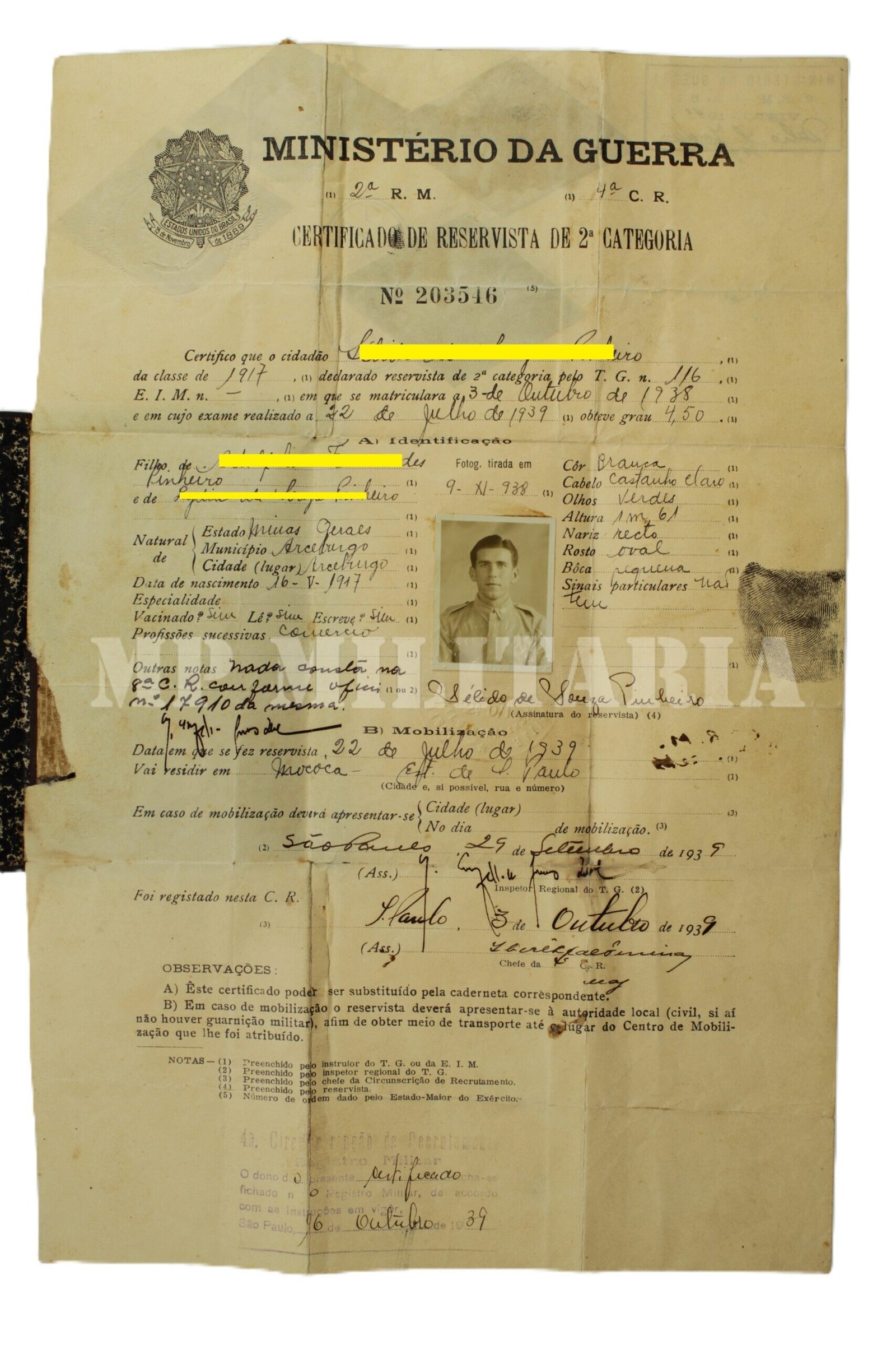 CONJUNTO DE DOCUMENTOS, IDENTIDADE DO TIRO DE GUERRA DE MOCOCA E RESERVISTA - Imagem 9