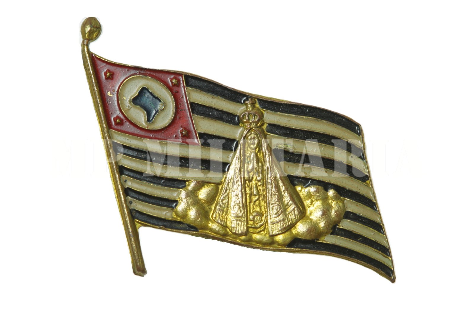 RARO PIN BANDEIRA PAULISTA COM NOSSA SENHORA APARECIDA • MAPA DO BRASIL • DOURADO – REVOLUÇÃO DE 1932